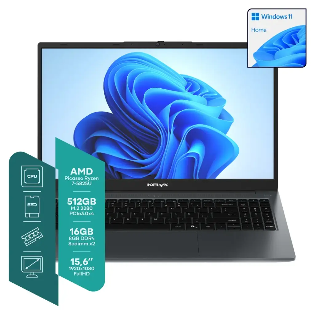 Notebook-Kelyx 15.6" Fhd Amd Ryzen 7-5825U 16Gb M.2 512Gb Win 11 Home Gris Oscuro